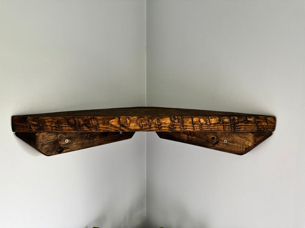 Dark walnut corner shelf underside view